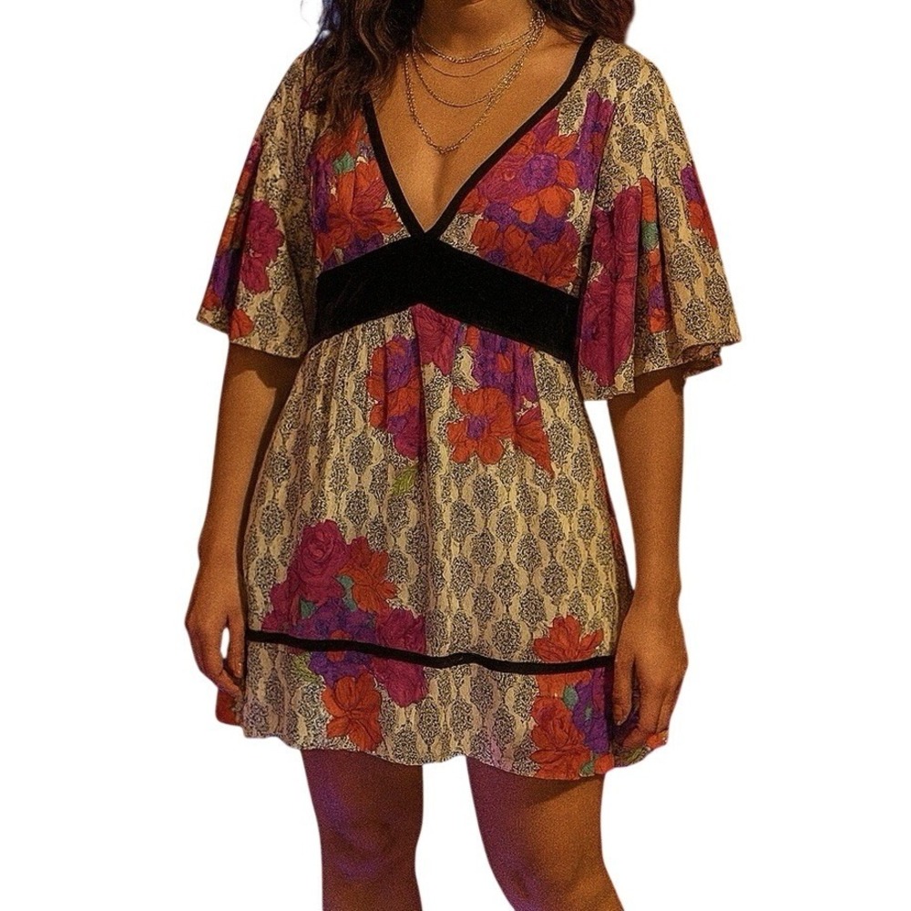 Fairy‎ Paisley Velvet Artsy Hippie Festival Floral Top Art To Wear 70s Babydoll